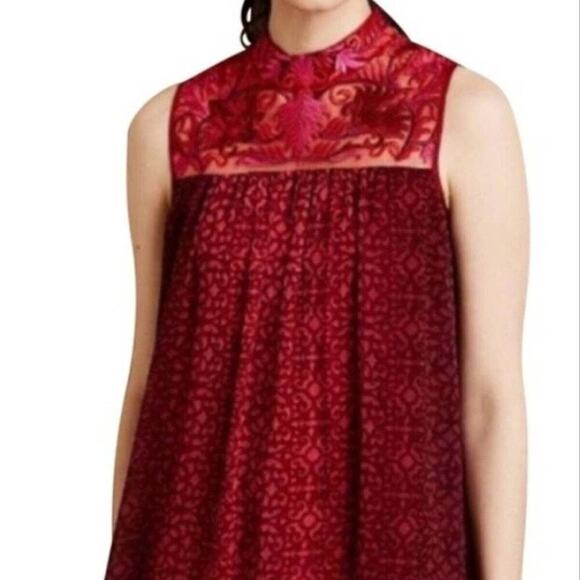 Anthropologie Niki Mahajan Sleeveless Embroidered Red Pink Lace High Neck Dress - Picture 7 of 7